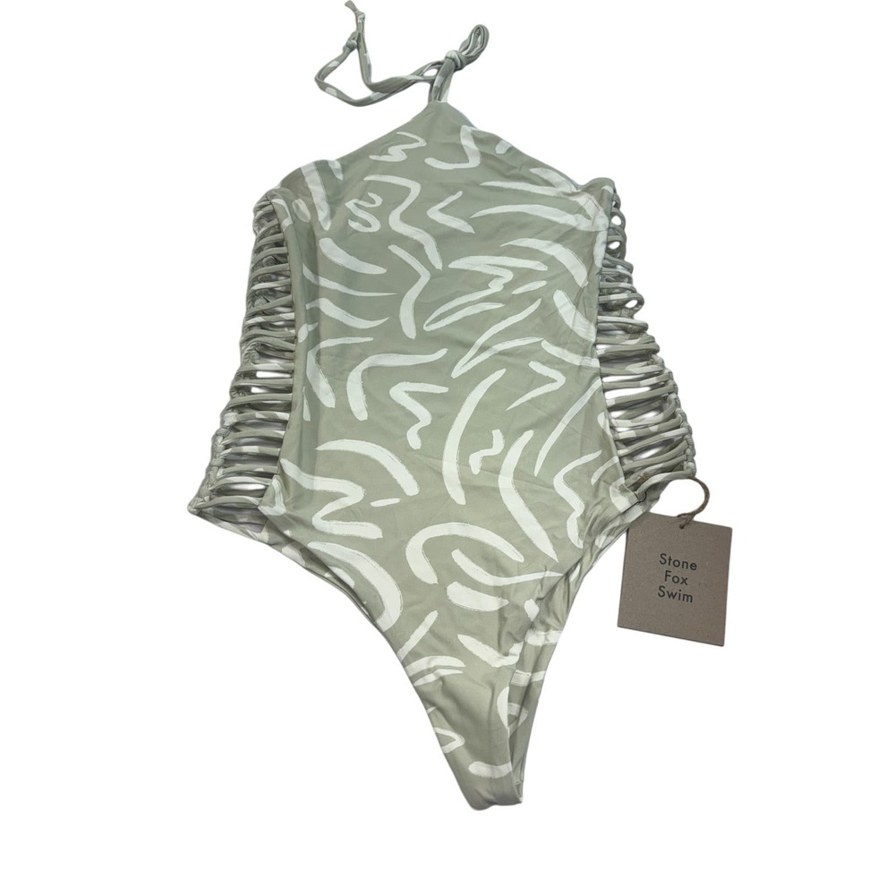 Stone Fox Swim Sage Green & White One-Piece Bikini with Side Cutouts